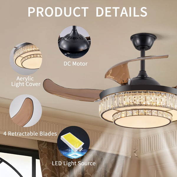 English Elm 48" Retractable Blade Crystal Led Ceiling Fan with Remote for Bedroom Dining Kitchen W2312P415980