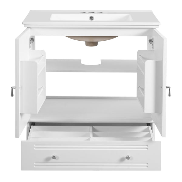 English Elm 30" Modern Bathroom Vanity with Ceramic Sink, Solid Wood Frame, Soft-Close Drawer & Adjustable Shelf White N710P293306K