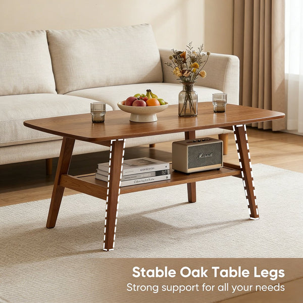 English Elm Mid Century Modern Solid Oak Two Tier Coffee Table with Open Shelf for Living Room Walnut W3204P469105