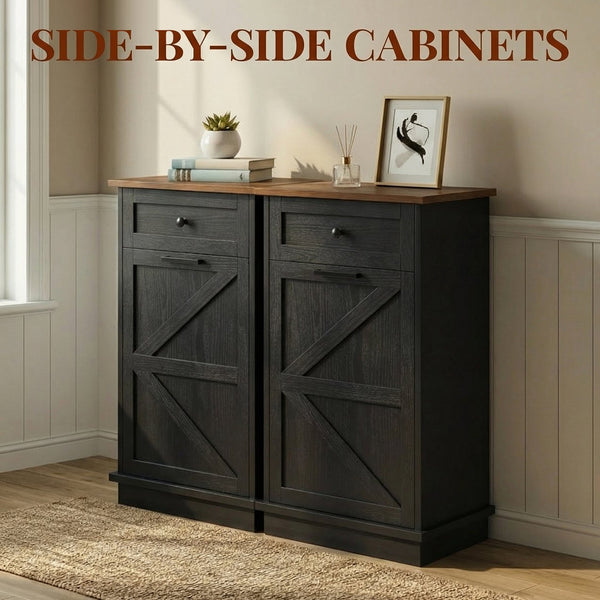 English Elm Tilt Out Trash Cabinet with Storage Drawer Conceals 10 Gallon Bin Pet Proof Brown+Black T5831P489253
