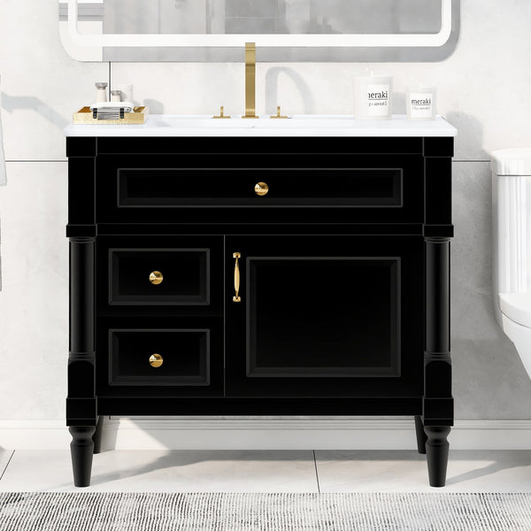 English Elm 36" Bathroom Vanity With Elegant Ceramic Sink, Adjustable Storage, And Sleek Black Finish For Modern Style N725P356064B