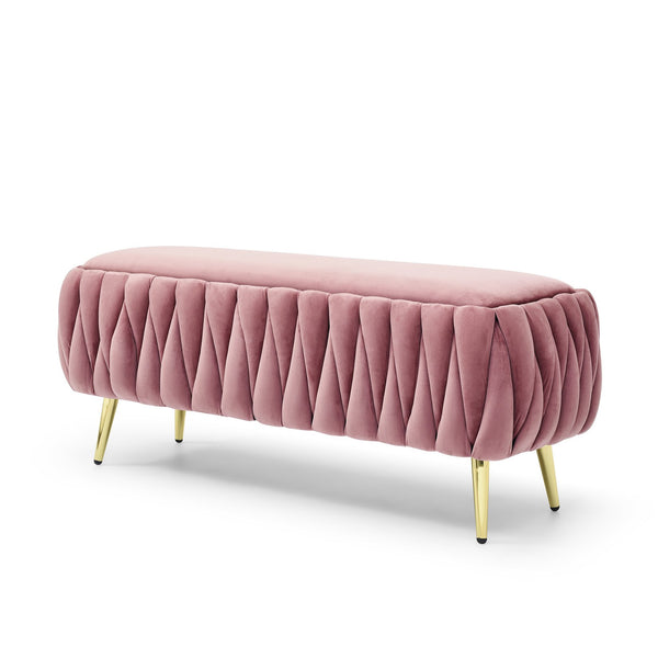 English Elm Oval Teddy Fabric Storage Bench with Gold Legs — 43.4" Large Upholstered Ottoman for Entryway Seating and Hidden Organization Dark Pink W1117P184679