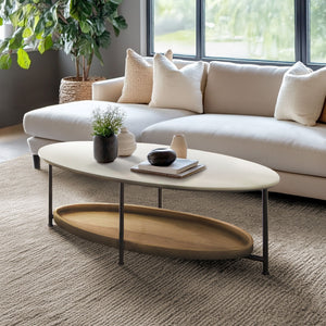 JLA Home Madison Park - 2-Tier Oval Coffee Table with White Top and Natural Wood Shelf, Metal Legs, 75 lb Capacity, Modern Storage Design MP120-1097