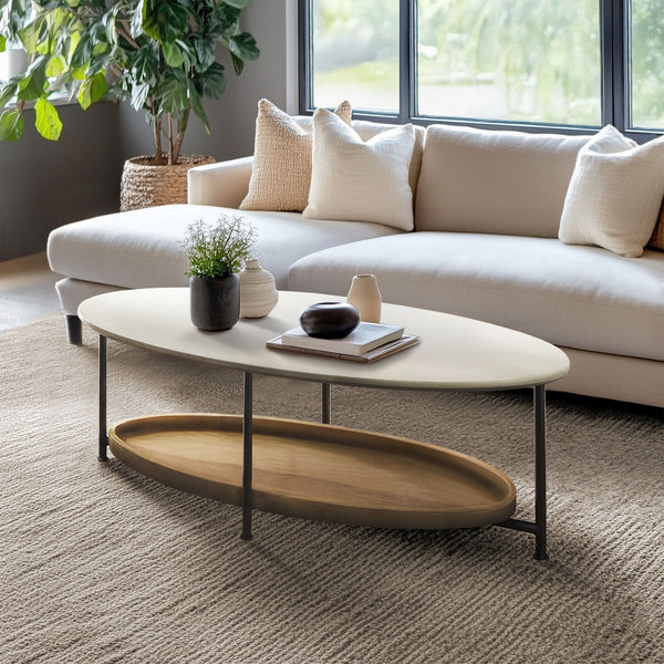 JLA Home Madison Park - 2-Tier Oval Coffee Table with White Top and Natural Wood Shelf, Metal Legs, 75 lb Capacity, Modern Storage Design MP120-1097