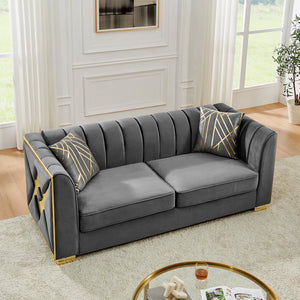 English Elm 81" Tufted Velvet Chesterfield Sofa with Gold Steel Legs for Elegant Living Rooms W1191S00064