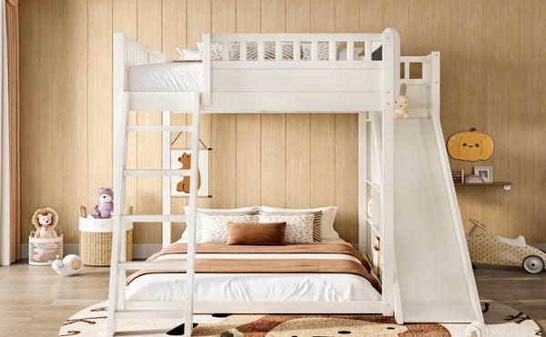 English Elm Full Size Kids Loft Bed Pine Frame Upholstered Headboard Built in Slide and Storage Shelves Beige W1580S00305