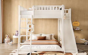 English Elm Full Size Kids Loft Bed Pine Frame Upholstered Headboard Built in Slide and Storage Shelves Beige W1580S00638
