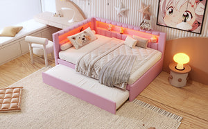 English Elm Upholstered Full Platform Bed with Trundle, Built-In USB Ports & LED Accent, Linen Upholstery Pink DL001925AAH