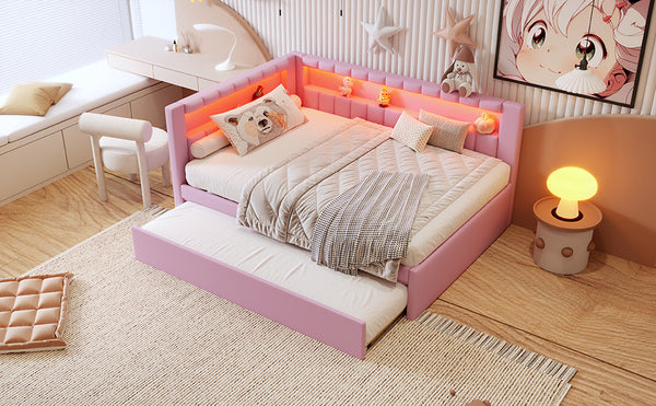 English Elm Upholstered Full Platform Bed with Trundle, Built-In USB Ports & LED Accent, Linen Upholstery Pink DL001925AAH