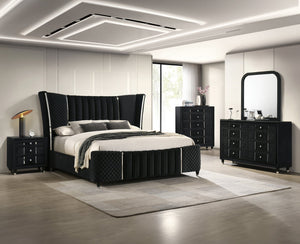 English Elm Contemporary Black Velvet Nightstand Quilted Drawers Crystal Knobs Glass Top Glam Bedroom B2741P457639