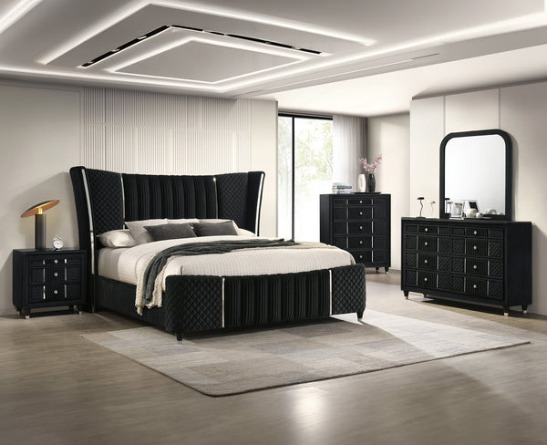 English Elm Contemporary Black Velvet Nightstand Quilted Drawers Crystal Knobs Glass Top Glam Bedroom B2741P457639