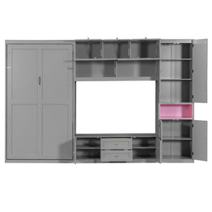 English Elm Twin Murphy Wall Bed with Integrated Tv Stand Open Shelving and Cabinet Storage LP000768AAE