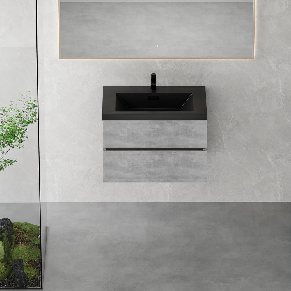 English Elm 30'' Wall Mounted Bathroom Vanity Smoked Walnut Fluted Cabinet Matte Black Basin W1920P385526