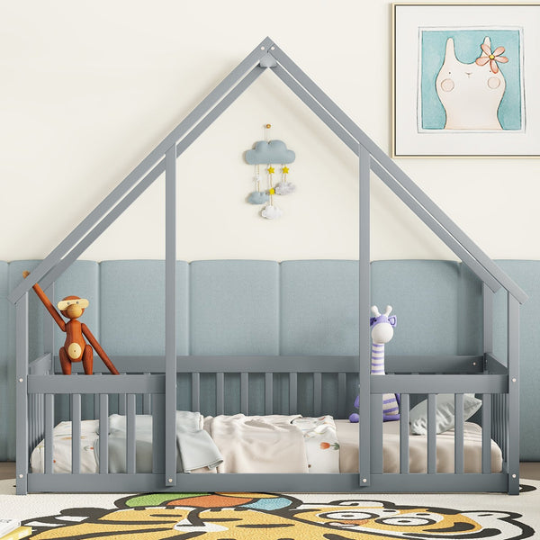 English Elm Twin Wood House-Shaped Floor Bed with Fence and Guardrails – Playful Pine Frame for Imaginative Kids Retreat Grey W504P143289