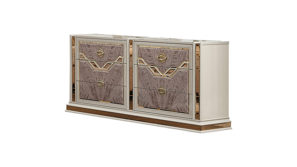 English Elm Omari Modern 4-Piece Queen Bedroom Set With Hydraulic Storage Bed & Gold Accents In Elegant Beige B009S01395