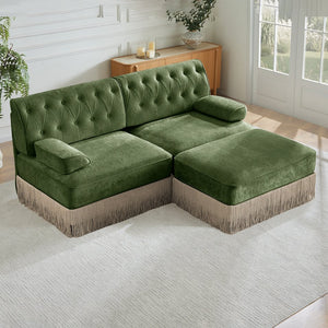 English Elm L-shaped Velvet Sectional Sofa Tufted Chesterfield Style with Tassel Skirt for Living Room Green W714S01704
