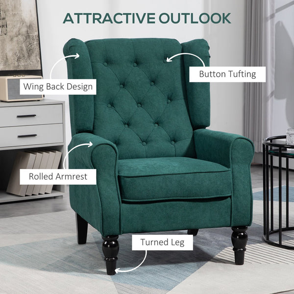 English Elm HOMCOM Elegant Button-Tufted Wingback Accent Chair in Dark Green with Thick Padded Seat & Eucalyptus Legs W2225P200667