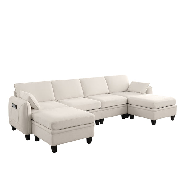 English Elm 102 Inch Linen Modular Sectional Sofa with Hidden Storage and Cloud Cushion Comfort Beige W1099S00208