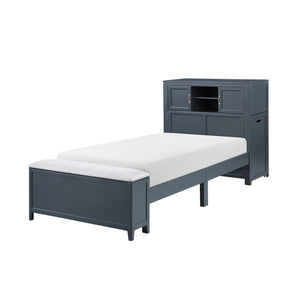 English Elm Gray Twin Platform Bed with Bookcase Headboard Hidden Desk Stool and Footboard Bench Navy Blue B011S02312