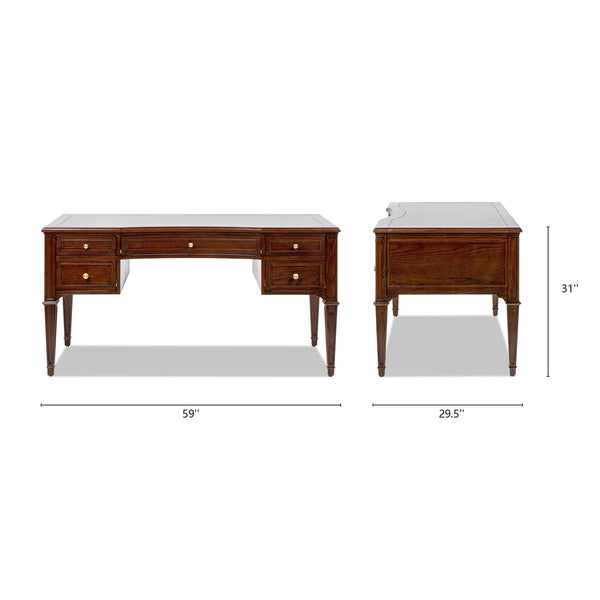 English Elm Jennifer Taylor Home - Dauphin Elegant Gold-Trim 5-Drawer Executive Desk in Ash Wood Veneer with Soft-Close Storage Appeal Dark Walnut B2719P408077