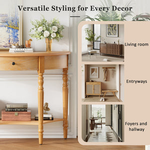 English Elm Trexm Farmhouse Half Moon Entryway Console with Drawer Open Shelf Pine Legs N715P383795D