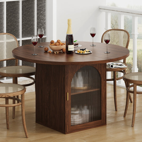 English Elm 47 Inch Round Walnut Dining Table with Ribbed Glass Storage Pedestal Seats Six T5618P448234