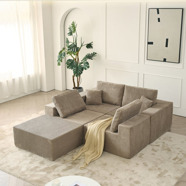 English Elm 139.3" Modular Sectional Sofa - Cloud-Like Boneless Corduroy Couch with Ottoman, 2 Pillows, No Assembly Grey W2656S00010