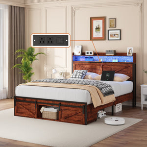 English Elm Queen-size Platform Bed with Led Headboard Storage Footboard and Built-in Charging Brown W5026P429527