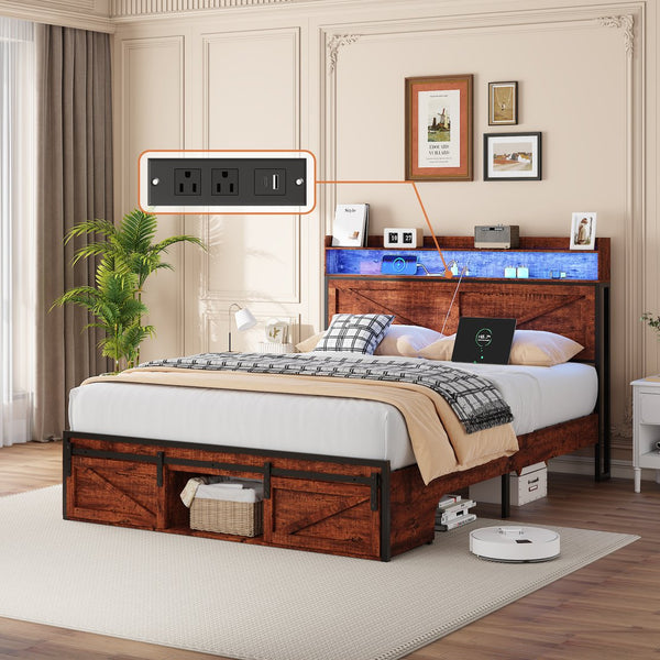 English Elm Queen-size Platform Bed with Led Headboard Storage Footboard and Built-in Charging Brown W5026P429527