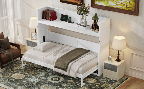 English Elm Twin XL Murphy Bed with Desk, LED Lighting and USB Charging Station — Space-Saving Solid Pine Design White N7090005001W