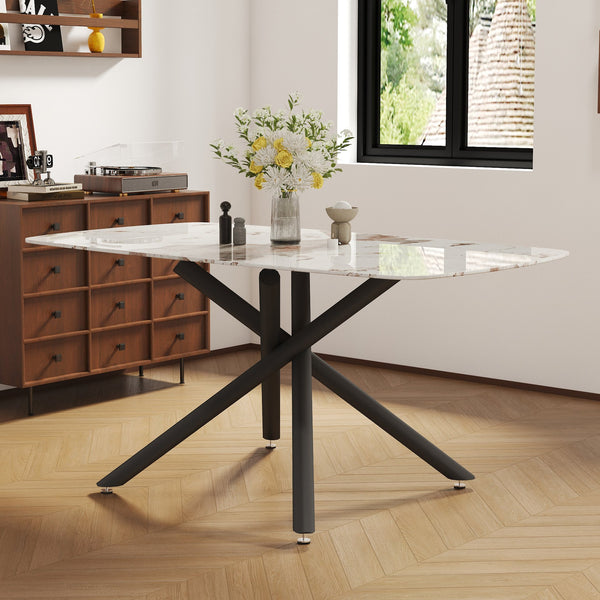 English Elm Large Tempered Glass Rectangular Dining Table Seats Six with Matte Black Metal Frame W1151S04539