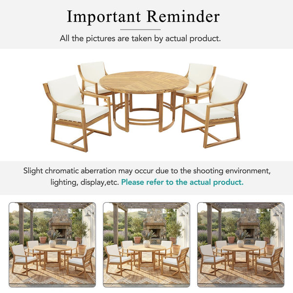 English Elm Outdoor Acacia Wood Dining Set Seats Six with Cushioned Armrest Chairs for Patio Beige,Light Teak N719Z000230L