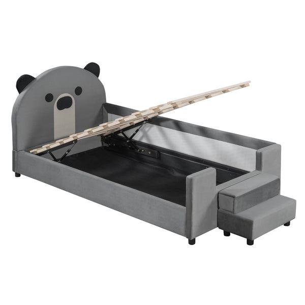 English Elm Twin Velvet Daybed Bear Headboard Hydraulic Storage Kids Bedroom Frame Gray SF000129AAE