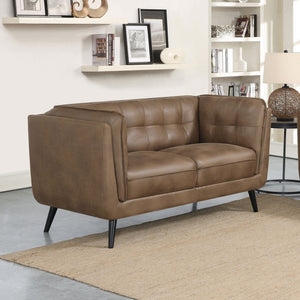 English Elm Maximillion Vintage Brown Chesterfield-Style Loveseat with Tufted Shelter Arms, Microfiber Leather Elegance B062P358089