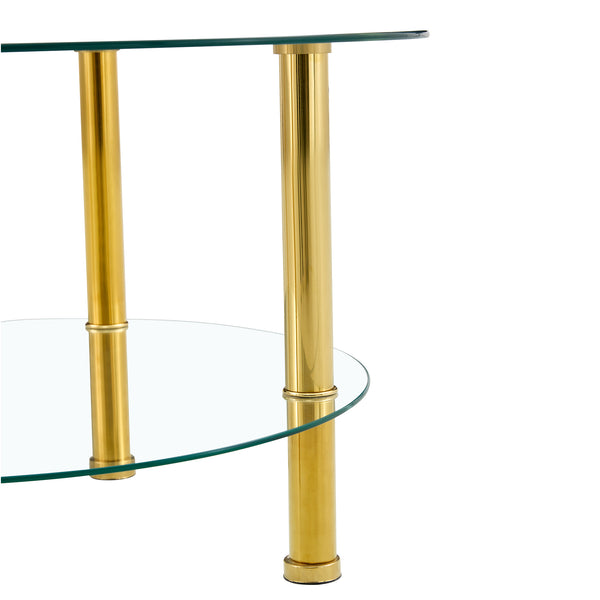 English Elm Contemporary Round Tempered Glass Coffee Table Gold Legs Open Shelf Living Room W1151P234005
