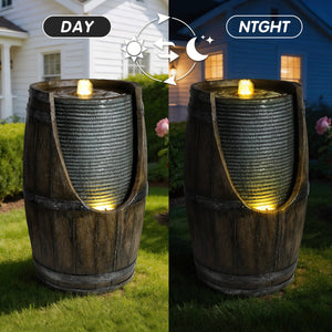 English Elm Outdoor Rustic Barrel Resin Fountain with Led Lights Farmhouse Waterfall Patio Decor Grayish Green W5397P453959