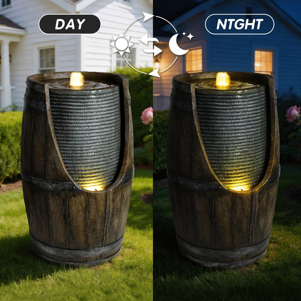 English Elm Outdoor Rustic Barrel Resin Fountain with Led Lights Farmhouse Waterfall Patio Decor Grayish Green W5397P453959