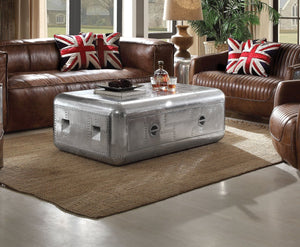 English Elm Brancaster Aluminum Coffee Table - Silver Trunk Design w/ Patchwork Aluminum, Drawer Storage, 52"W B2726P291910