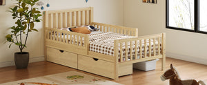 English Elm Twin Pine Platform Bed with Guardrails and Under Storage Drawers for Small Rooms N733P172696M