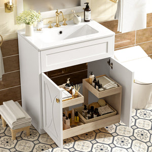 English Elm 30'' Bathroom Vanity With Ceramic Sink Combo - Modern Freestanding Cabinet, Gold Handles & Soft-Close Doors N710P194898K