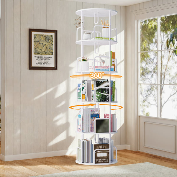 English Elm Rotating 5 Tier Spinning Bookcase Tower Slim 360 Degree Turntable Metal Frame Organizer White W3166P366971
