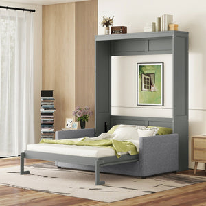 English Elm Queen Murphy Bed with Linen Cushion Sofa Folds Flat for Studio or Guest Room Gray LP000891AAE-1
