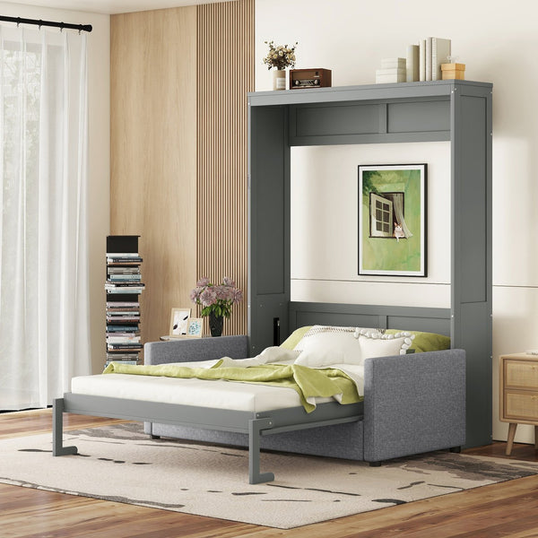 English Elm Queen Murphy Bed with Linen Cushion Sofa Folds Flat for Studio or Guest Room Gray LP000891AAE-1