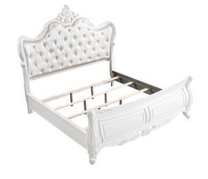 English Elm Opulence Queen Bed In Pearl White - Luxurious Velvet Tufted Headboard & Classic Carved Details B009S01366