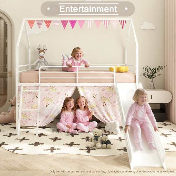 English Elm Jack Twin Loft Bed with Slide, Curtains, Guardrails & Pennant Banner — Safe, Quiet Assembly, Kids' Decor B083P361166