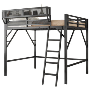 English Elm Queen Size Metal Loft Bed with Ladder and Built-In Storage Shelves, High Durable Black Frame, 400LB Capacity W2580P316650