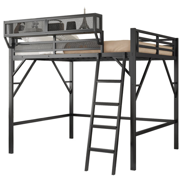 English Elm Queen Size Metal Loft Bed with Ladder and Built-In Storage Shelves, High Durable Black Frame, 400LB Capacity W2580P316650