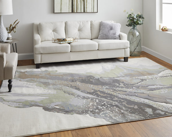 Feizy Rugs Clio Abstract Watercolor Area Rug - Luxurious Machine-made Design With High-low Pile Texture Green,Purple,Ivory Polypropylene Clo39k2fgrymltf01