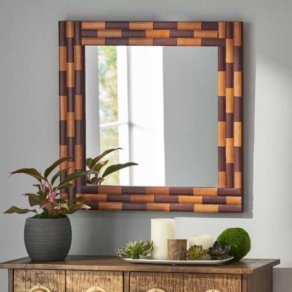 English Elm Christopher Knight Home® - Wall Mirror Blalock Square Handcrafted Goat Leather Frame 27x27in Reflective Accent for Elegant Rooms 68948.00