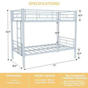 English Elm Twin Metal Bunk Bed for Kids Durable Sturdy Frame with Guardrails & Ladder, Convertible to 2 Beds Silver W1935P300325
